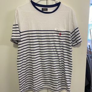 Mens L Polo Ralph Lauren T-Shirt - white/dark blue stripes and red logo